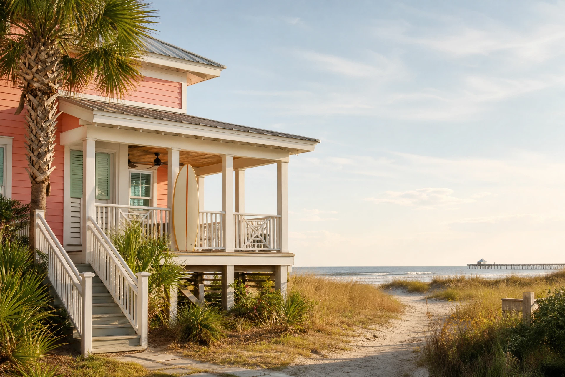 Laid-back beach cottage with palms near Folly Beach, SC