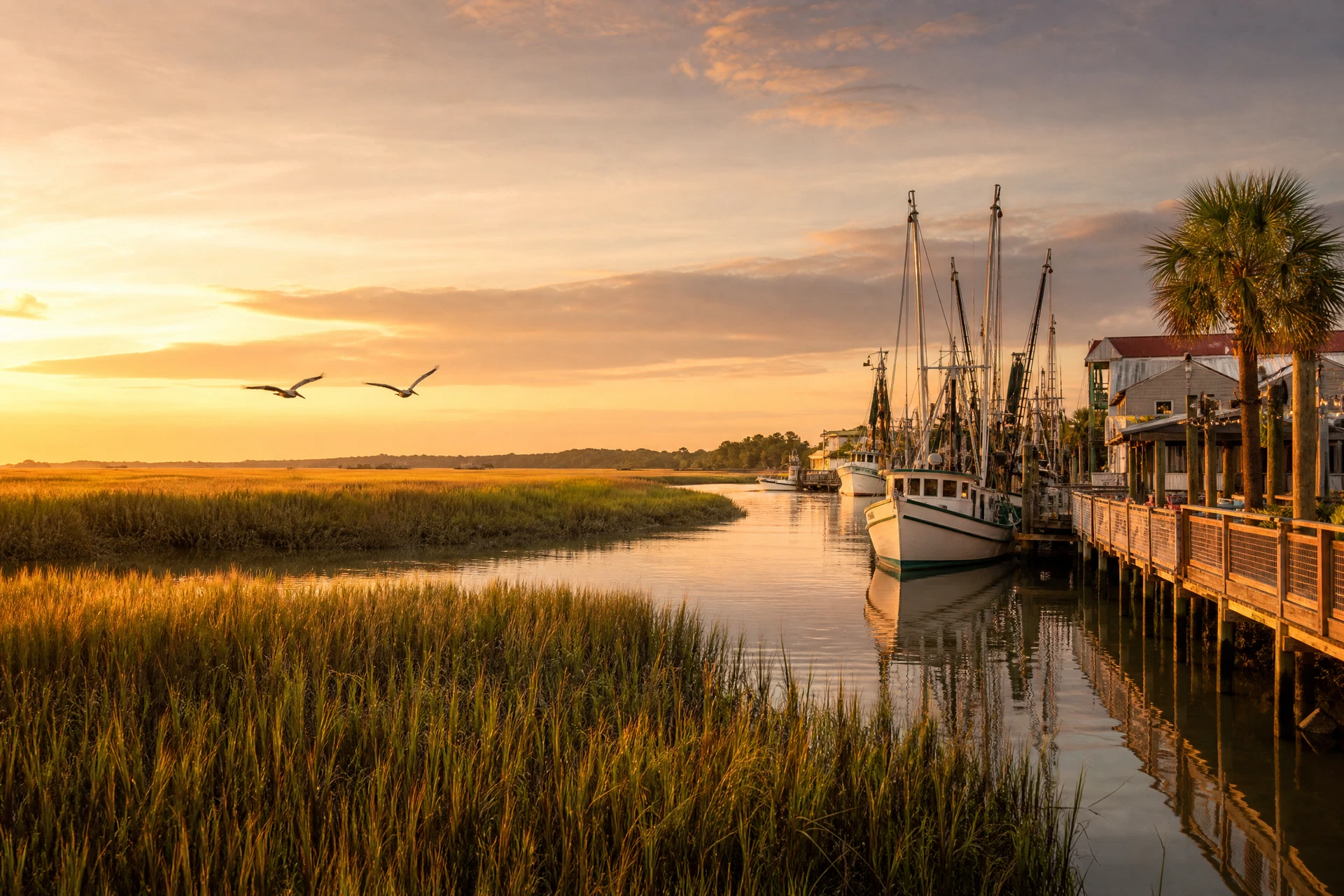 Shrimp boats on Shem Creek at sunset in Mount Pleasant, SC