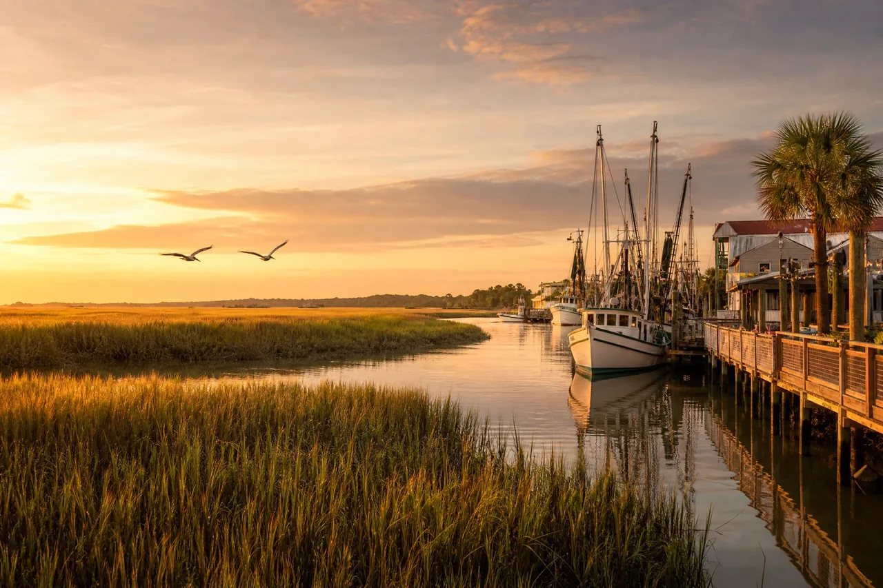 Shrimp boats on Shem Creek at sunset in Mount Pleasant, SC